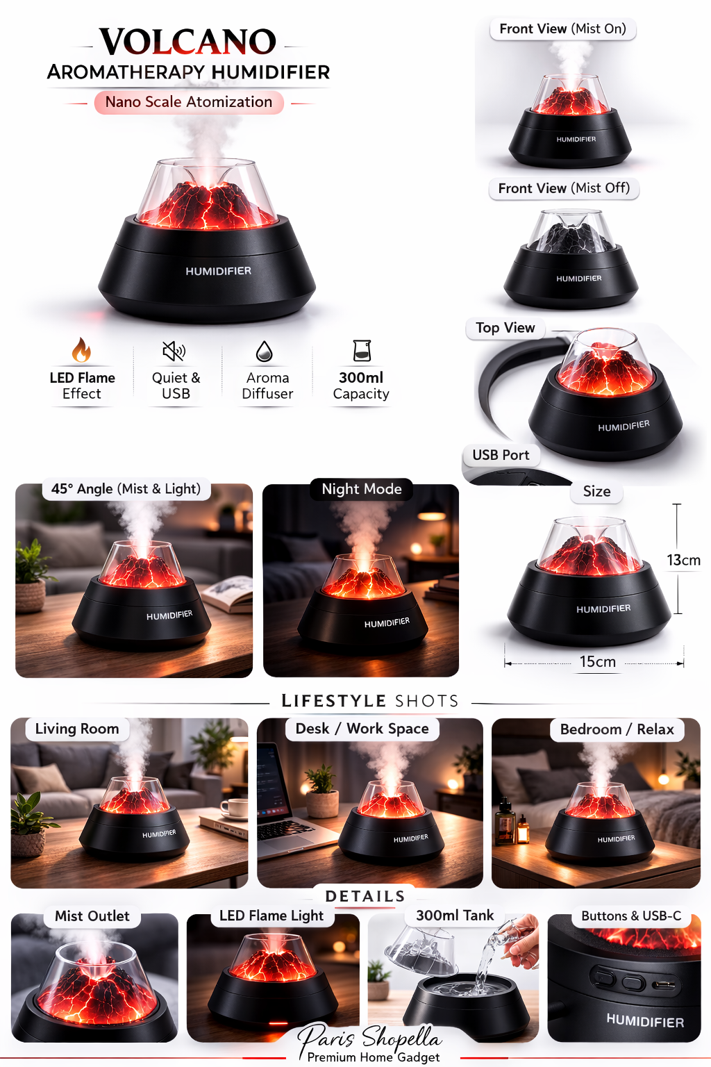 بخور سرد آتشفشانی Volcano مدل دیفیوزر و رطوبت ساز رومیزی Humidifier